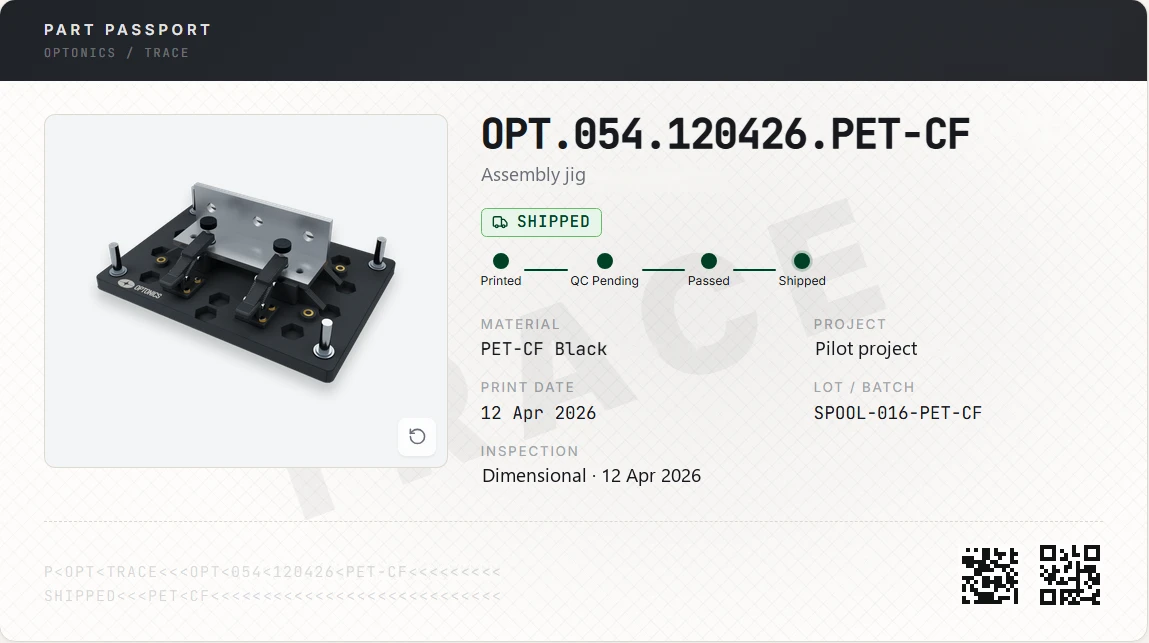 Part passport for a printed assembly jig: ID, status, material, lot, print date and inspection